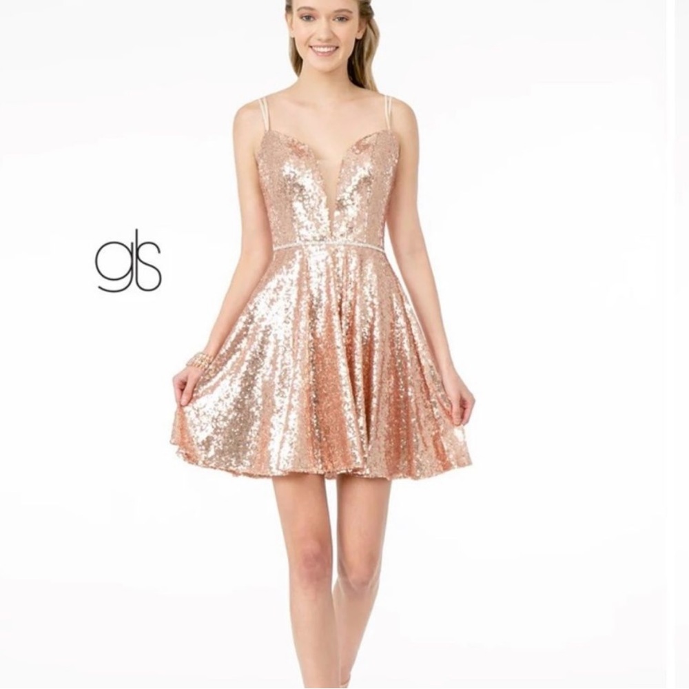 Jewel Accented Waistline Illusion Deep V-Neck Sequin  ELIZABETH K